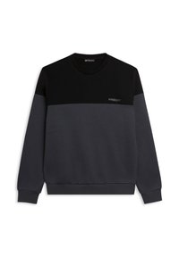 Sudadera negra y gris con cuello redondo, mangas largas y un sutil logo "FREDDY" en el pecho con una textura de tela sólida.