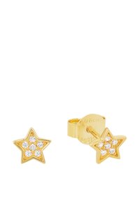 Orecchini a forma di stella dorata con accentuazioni di cristalli trasparenti al centro. Presentano una chiusura a pressione per una vestibilità sicura. Dimensione standard.