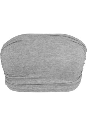 Grå bandeau-top laget av myk, elastisk stoff. Har samlet sider, glatt tekstur og et enkelt, minimalistisk design.