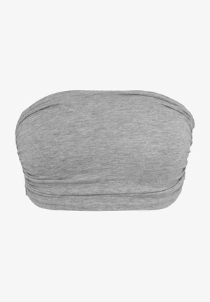 Grå bandeau-top i mjukt, stretchigt material. Har samlade sidor, slät yta och en enkel, minimalistisk design.
