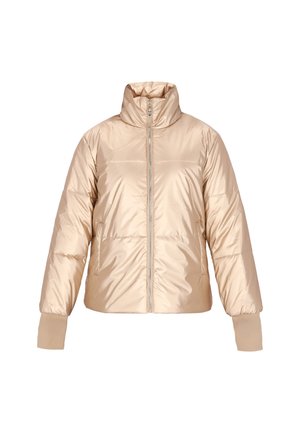 Prošívaná bunda s béžovým lesklým povrchem. Má vysoký límec, zapínání na zip a elastické manžety. Mírně zkrácený střih s bočními kapsami.