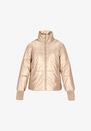 Gewatteerd jack met een glanzende, beige afwerking. Voorzien van een hoge kraag, ritssluiting en elastische manchetten. Licht cropped ontwerp met zijzakken.