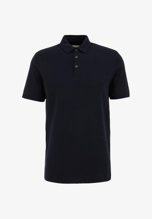 Moška navy blue polo majica, kratki rokavi, s tremi gumbi na vložku, narejena iz bombažne mešanice, gladke teksture, diskreten logotip na robu na levi strani.