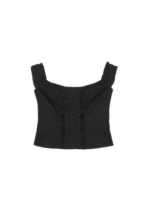 Schwarzes ärmelloses Croptop mit Rüschen-Trägern und vertikalen Rüschen-Akzenten in der vorderen Mitte.