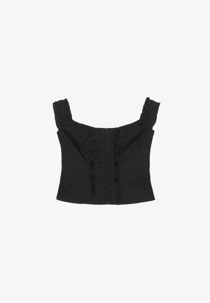 Schwarzes ärmelloses Croptop mit Rüschen-Trägern und vertikalen Rüschen-Akzenten in der vorderen Mitte.