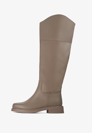 Knee-high boot in light brown synthetic leather with a smooth texture, slightly raised heel, and a structured, rounded toe. Seam detailing present.