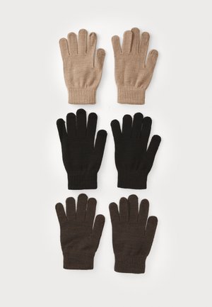 Knit gloves: two beige pairs on top, two black and one dark brown pair below. Rounded cuffs, textured fabric with fine ribbing.