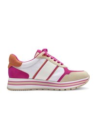 Sneaker multicolore con una tomaia in suede e mesh bianca, rosa e beige, con dettagli arancioni a contrasto e suole testurizzate.