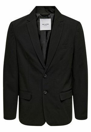 Blazer noir avec deux boutons, revers en notch et une poche poitrine unique. Fabriqué en tissu lisse, avec une coupe standard et un design épuré.