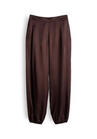 Dark brown satin pants with an elastic waistband and gathered cuffs, displayed against a white background.