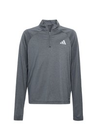Šedý svetřík s dlouhým rukávem a čtvrtinovým zipem na límci, s raglánovými rukávy a malým bílým logem Adidas v levém horním rohu.