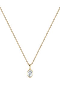 Guldkæde med en rund, klar gemstone vedhæng. Kæden har et delikat, snoet design med en poleret overflade.