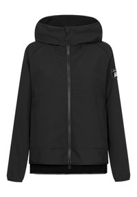 Zwarte hooded jack met een voorkant rits, raglan mouwen en een logo patch op de linker mouw. Glad textuur en casual ontwerp.