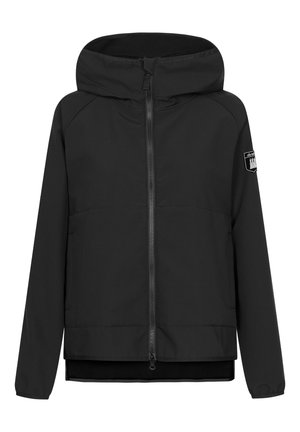 Giacca nera con cappuccio, dotata di zip frontale, maniche raglan e patch con logo sulla manica sinistra. Texture liscia e design casual.