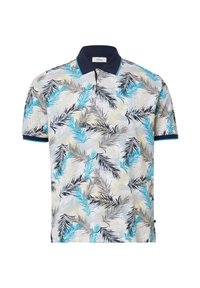 Korte mouw polo-shirt van lichte stof, met een veelkleurig palmenblad patroon. Marineblauwe kraag en afwerking. Ontspannen pasvorm.