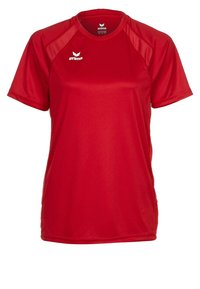 T-shirt de sport rouge à manches courtes avec col rond, panneaux en mesh aux épaules, et logo "erima" blanc sur la poitrine et à l'intérieur du col.