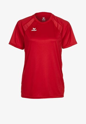 T-shirt de sport rouge à manches courtes avec col rond, panneaux en mesh aux épaules, et logo "erima" blanc sur la poitrine et à l'intérieur du col.