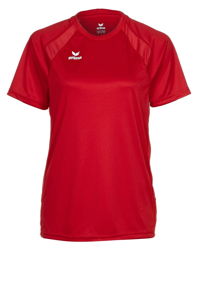 T-shirt de sport rouge à manches courtes avec col rond, panneaux en mesh aux épaules, et logo "erima" blanc sur la poitrine et à l'intérieur du col.