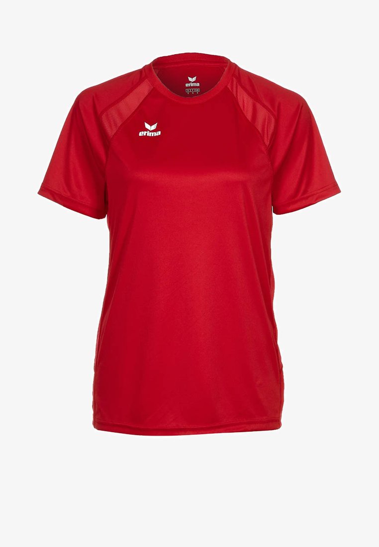 T-shirt de sport rouge à manches courtes avec col rond, panneaux en mesh aux épaules, et logo "erima" blanc sur la poitrine et à l'intérieur du col.