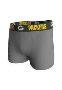 Šedé boxerky s přiléhavým střihem, s zeleným elastickým pasem s žlutým nápisem "PACKERS" a logem jako doplňkem.
