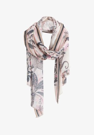 Lys pink tørklæde med sorte og beige striber, med leopard-, løv- og blomster mønstre, løst draperet med spidse ender.