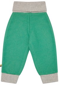 Türkise Jogginghosen mit einem grauen elastischen Bund und Bündchen; weicher Stoff, taillierter Schnitt, kleines mehrfarbiges Etikett an der Seite.