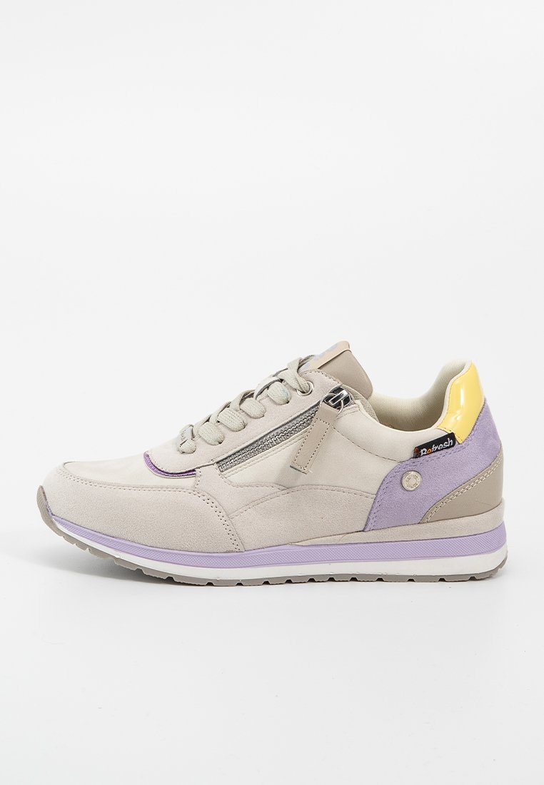 Sneaker beige e lavanda con zip laterale, lacci, suola in gomma e accenti gialli sul tallone.