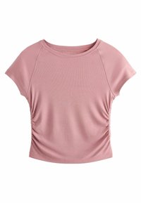 Top scurt, ajustat, dintr-un material moale de color roz, cu pliuri pe laterale pentru textură și formă, având un decolteu rotund.
