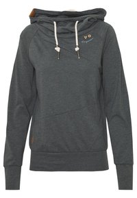 Grijze hoodie met een gedrapeerde halslijn, verstelbare witte trekkoorden, zijaccenten en een gestructureerde afwerking. Bevat een logo nabij de kraag.