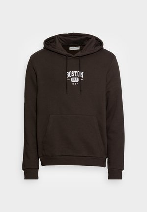 Brown hoodie with a front pocket, drawstring hood, and white "BOSTON USA 1987" print on the chest. Soft fabric and ribbed cuffs.