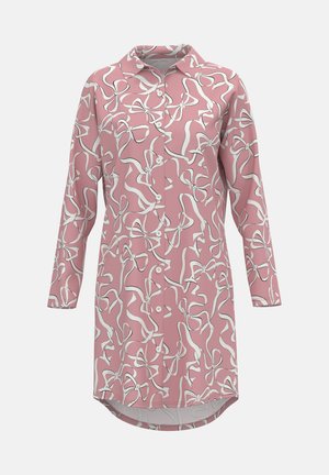 Langsleeve roze shirt jurk met een wit en zwart kronkelend lint patroon, knoopsluiting aan de voorkant en een puntige kraag.