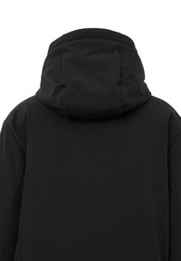 Giacca nera con cappuccio caratterizzata da un tessuto liscio, vestibilità rilassata e cappuccio rotondo con dettagli di cucitura. La vista posteriore mostra un design senza cuciture e privo di abbellimenti.