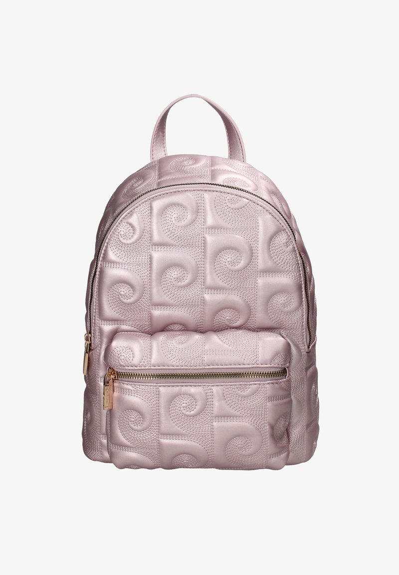 Zaino rosa chiaro con motivo a spirale trapuntato, forma arrotondata e tasca frontale con zip; presenta materiale testurizzato e dettagli in metallo dorato.