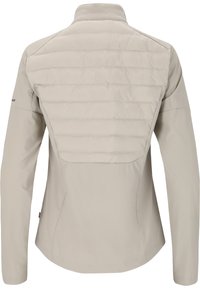 Ljusbeige jacka med en quiltad övre del på ryggen och slät underdel. Har hög krage och en figursydd design med långa ärmar.