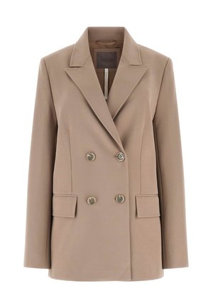 Blazer doppiopetto color beige con rever a lancia, caratterizzato da due tasche frontali e bottoni color argento. Realizzato in tessuto leggero e liscio.