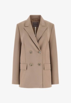 Blazer doppiopetto color beige con rever a lancia, caratterizzato da due tasche frontali e bottoni color argento. Realizzato in tessuto leggero e liscio.