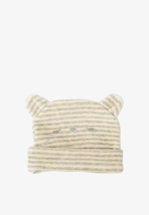 Chapeau beige rayé avec oreilles de chat, en tissu doux. Présente des détails du visage brodés, comprenant les yeux et les moustaches.