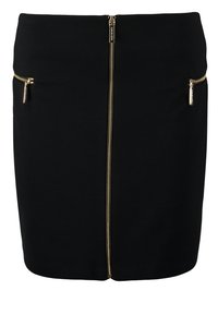 Jupe noire en tissu lisse, dotée d'une fermeture éclair à l'avant et de deux poches zippées dorées sur les côtés. Design moulant.