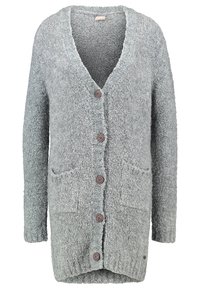 Grå cardigan i texturerad tyg, med V-ringning, framknappar och två fickor fram för extra detalj.