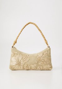 Woven straw handbag in beige, featuring a braided handle and floral pattern embossed on the front, curved silhouette, textured finish.