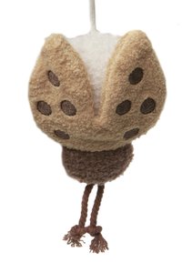 Stuffed animal featuring a beige and brown design, with fluffy texture and round ears, decorated with dark spots and braided legs.