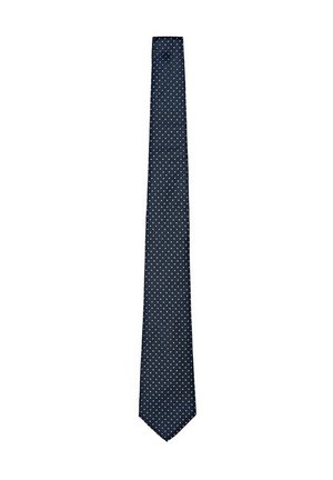 Marineblaue Krawatte mit kleinem weißem Polka-Dot-Muster, flach auf weißem Hintergrund dargestellt.