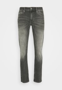 Grå denimjeans med en lätt blekning, rak benform, femfickorsdesign och knapplåsning i midjan.