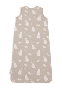 Sac de couchage beige avec un motif répété de lapins et de chiens en crème clair. Il n'a pas de manches et a un col rond. Matière en coton douce.
