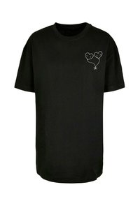 Black cotton t-shirt with short sleeves. Features white line-drawn balloon design of two hearts on the left chest area. Simple and casual shape.