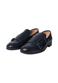 Mocassini in pelle blu navy con texture liscia, punta tonda, dettaglio con fibbia sull'arco e tacco basso impilato.