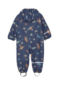 Marine waterproof overall met elastische manchetten, een kap en dierenprints zoals dinosaurussen en bladeren. Bevat een reflecterende strip op het been.