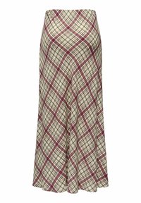 Jupe à carreaux en beige, olive et bordeaux ; coupe évasée avec une silhouette en ligne A. Tissu lisse à texture légère, sans fermetures.