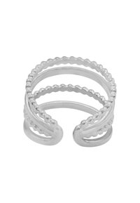 Anello in argento con tre bande sovrapposte; presenta bordi ondulati e dettagli a perline, creando un design testurizzato e una silhouette aperta.