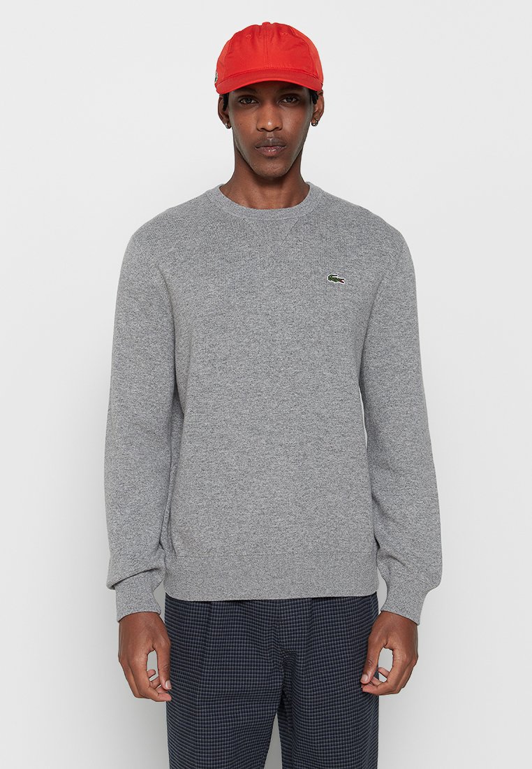 Felpa grigia con colletto tondo e maniche lunghe. Presenta un piccolo logo ricamato verde. Indossata con un berretto rosso. Tessuto strutturato.